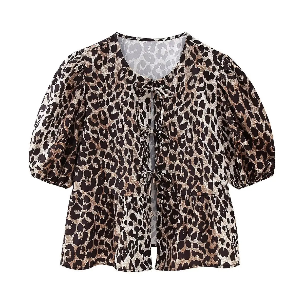 Suninheart 2024 Women Fashion Front Tie Up Blouses Leopard Print Top Short Puff Sleeve Tops Cute Going Out Shirts