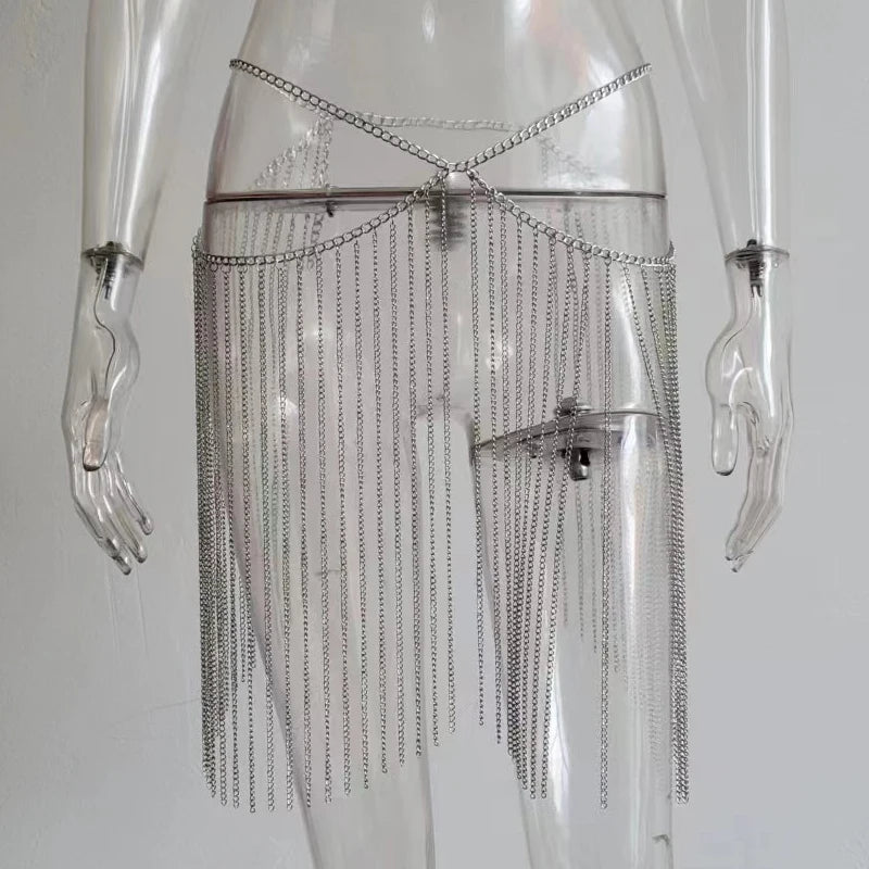 Faldas sexis Y2K de verano para mujer, con lentejuelas de metal en la parte inferior, para festivales, rave, minifalda con borlas de diamantes de imitación brillantes, cadena en la cintura, ropa para discoteca