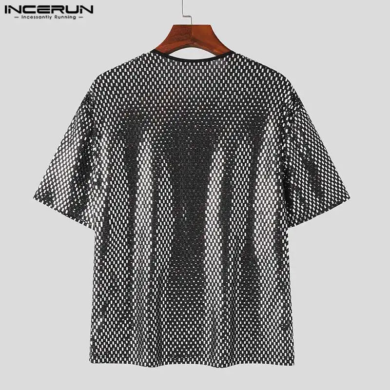 2024 Camiseta para hombre con lentejuelas brillantes, cuello redondo, manga corta, ropa holgada para hombre, ropa de calle, fiesta, moda informal, camisetas S-5XL INCERUN