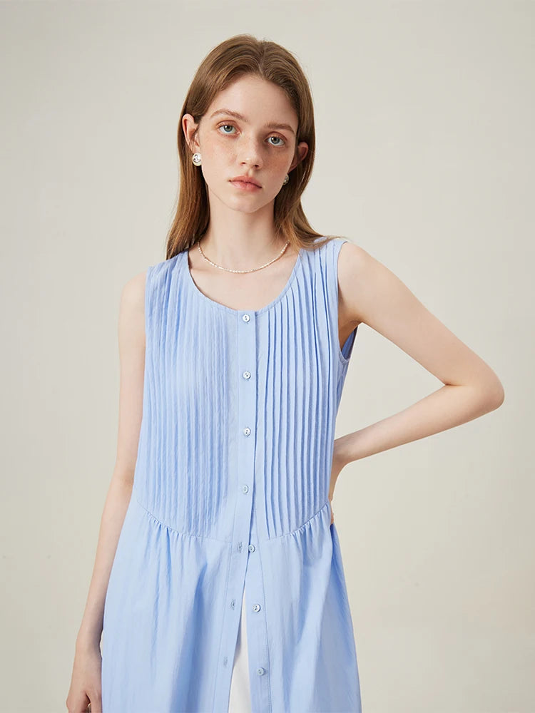 FSLE Dressed Women's Lazy Style Sleeveless Summer Dress Mid length Beach A-line Blue Women High Waist Dress 24FS12347