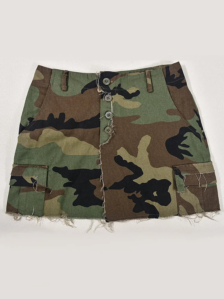 DEAT Fashion Falda de línea A para mujer, con borde de rebaba, borlas, cintura irregular dividida, faldas cortas de camuflaje, primavera 2024, novedad 17A7021