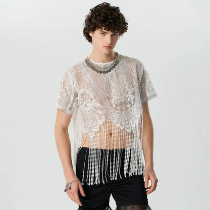 2024 Hommes T-shirt Dentelle Gland O-cou Manches Courtes Transparent Mode Hommes Vêtements Streetwear Fête Irrégulière Crop Tops INCERUN