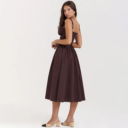 Robe élégante d'été pour femme Suninheart 2023 Robe de fête d'anniversaire à bretelles spaghetti marron Robe mi-longue boutonnée en ligne A