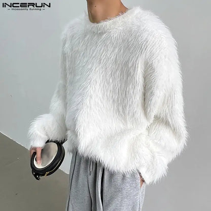 2023 Hommes Pulls Couleur Unie En Peluche O-cou À Manches Longues Mode Décontracté Hommes Vêtements Streetwear Automne Pulls S-5XL INCERUN