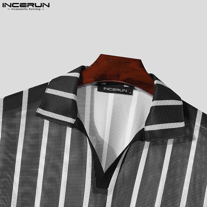 Sexy Casual Style Tops INCERUN New Mens Striped Mesh Shirts Casual Stylish Slightly Perspective Short Sleeved Lapel Blouse S-5XL