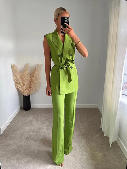 Women Fashion Trousers Two Piece Sets Casual Loose Sleeveless Vest Coat Wide Leg Pants Suits 2023 Spring Commuter Office Set