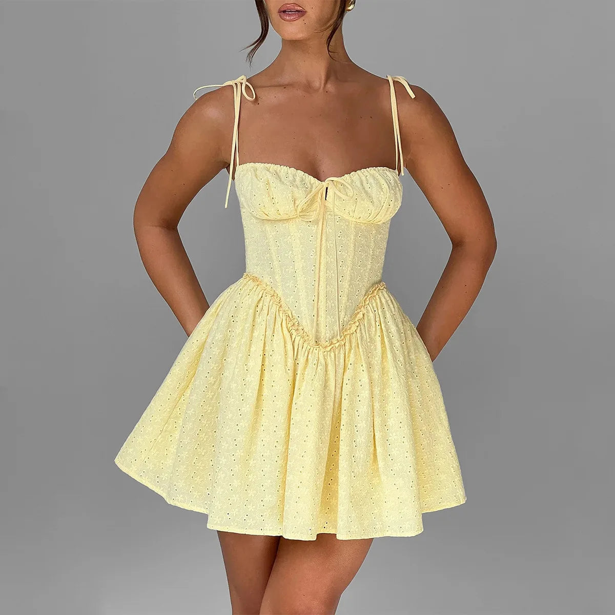 Suninheart Summer Spaghetti Strap Corset Dress Sexy Short Flare A Line Party Dresses Yellow Elegant Jacquard Dress Wholesale