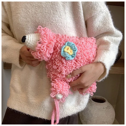 Bolso tejido a mano con forma de perro de dibujos animados para niña, bolso cruzado de lana, bonito bolso de punto, bolso de ganchillo para teléfono móvil