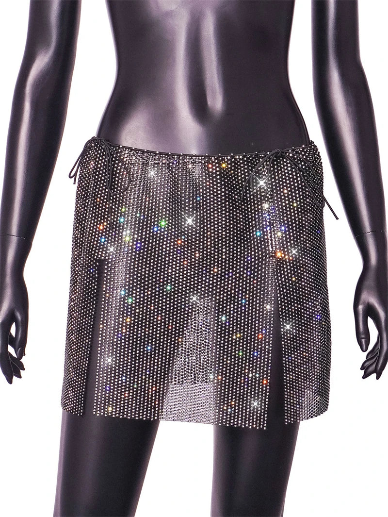 Jupe mini sexy transparente en strass pour femme, jupe crayon fendue brillante pour la plage et les fêtes, vêtements de festival, été, 2024