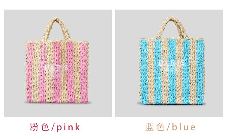 Casual Striped Straw Tote Bag Designer Letters Woven Women Handbags Handmade Summer Beach Bag Big Bali Travel Shopper Purse 2024