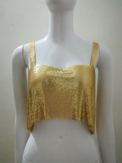 Camisoles à paillettes métalliques pour femmes, hauts courts sexy à dos nu avec chaîne, tenue de soirée, de danse, de club, froncé, col rond, streetwear