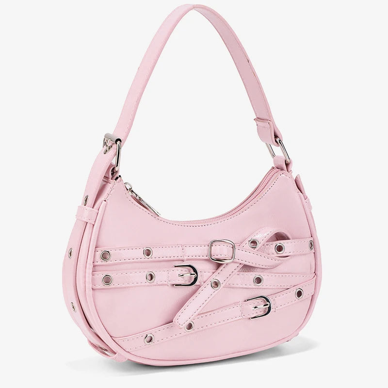 Fashion Belts Deco Halfmoon Women Shoulder Bags Punk Pink Color Handbags  Pu Leather Y2K Crossbody Bag Small Female Purses 2024