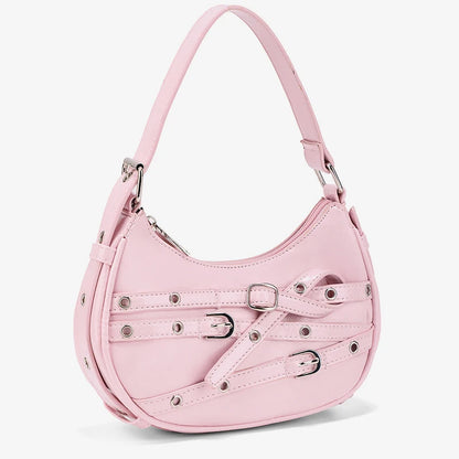 Fashion Belts Deco Halfmoon Women Shoulder Bags Punk Pink Color Handbags  Pu Leather Y2K Crossbody Bag Small Female Purses 2024