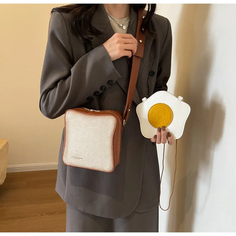 Conjunto creativo de 2 piezas para mujer, bolso bandolera con forma de pan tostado y huevos fritos, bolso de hombro pequeño 2024