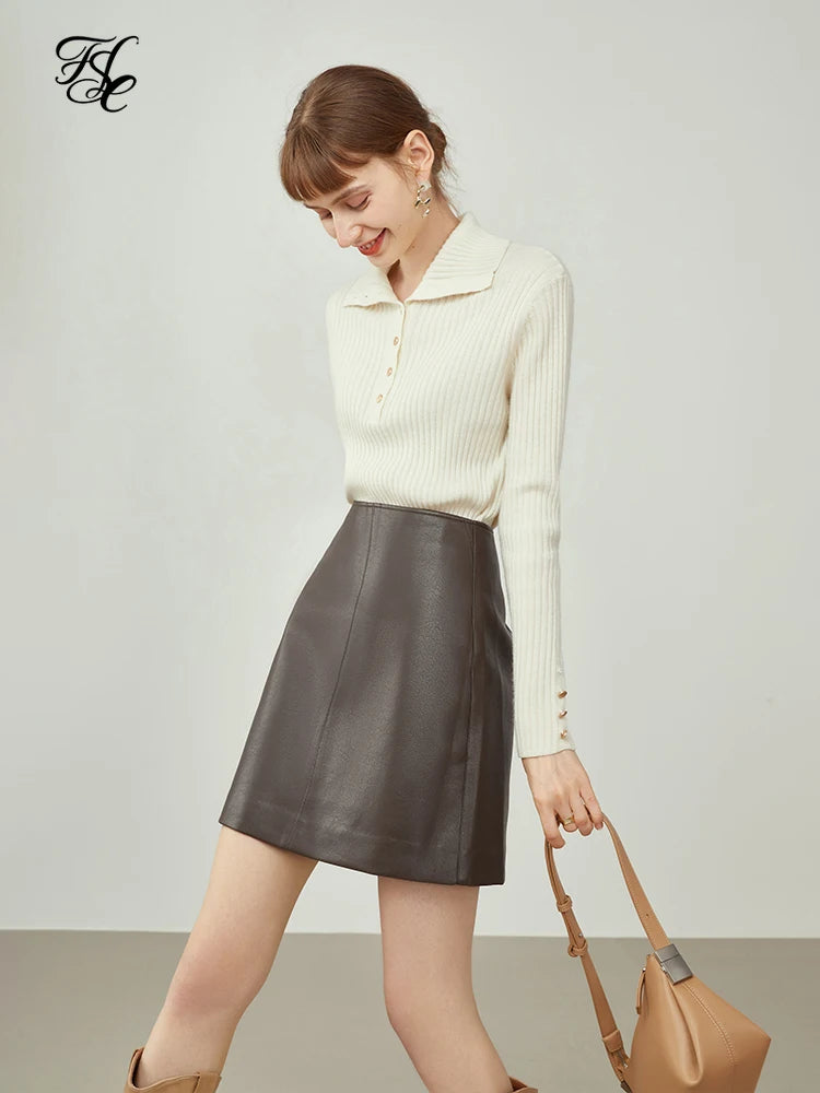 FSLE Women's Brown Leather Skirt Winter New Office Lady Mini Skirts A-line Skirt All-match Fashionable High Waist