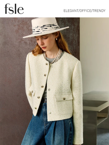 Chaqueta de tweed FSLE para mujer, abrigo corto de otoño, minifaldas, traje de dos piezas con temperamento, diseño elegante, trajes especiales para mujer