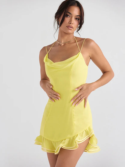 suninheart Light Beach Robe Sleeveless Mini Dress Chic Ruffles Chiffon Summer Sexy Party Yellow Dress For Women