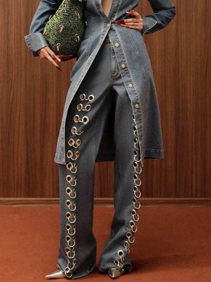 DEAT Fashion Women Denim Pants Loose Low-waisted Metal Hollow Out Floor-length Straight Blue Lady Jeans Spring 2024 New 19F2031