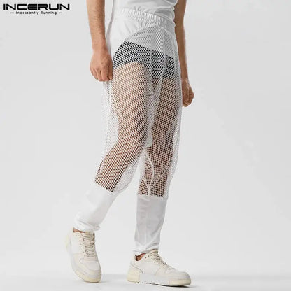 Pantalones nuevos para hombre con estilo sexy INCERUN 2024, pantalones de malla transparente con parches, pantalones elásticos con perspectiva informal, tallas S-5XL