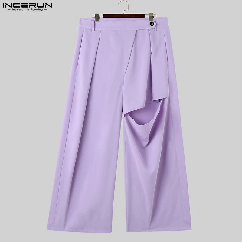 2023 Men Pants Solid Color Pleated Joggers Button Hollow Out Trousers Men Streetwear Loose Casual Wide Leg Pants S-5XL INCERUN