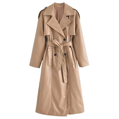 Suninheart Femmes Mode avec Ceinture Faux Cuir Trench Coat 2023 Été Vintage Manches Longues Poches Avant Femme Vêtements D'extérieur Chic