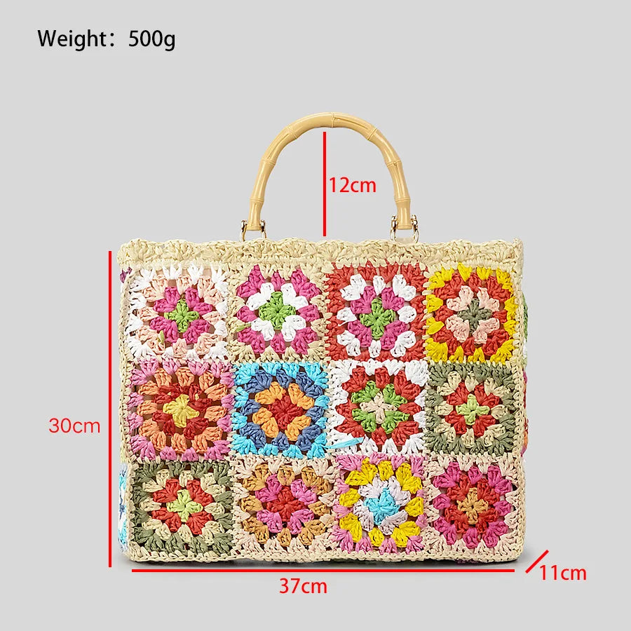 Bolso de mano de paja con forma de granny square bohemio con asa de bambú, bolsos de mujer informales hechos a mano, bolsos de playa de verano, carteras de gran capacidad