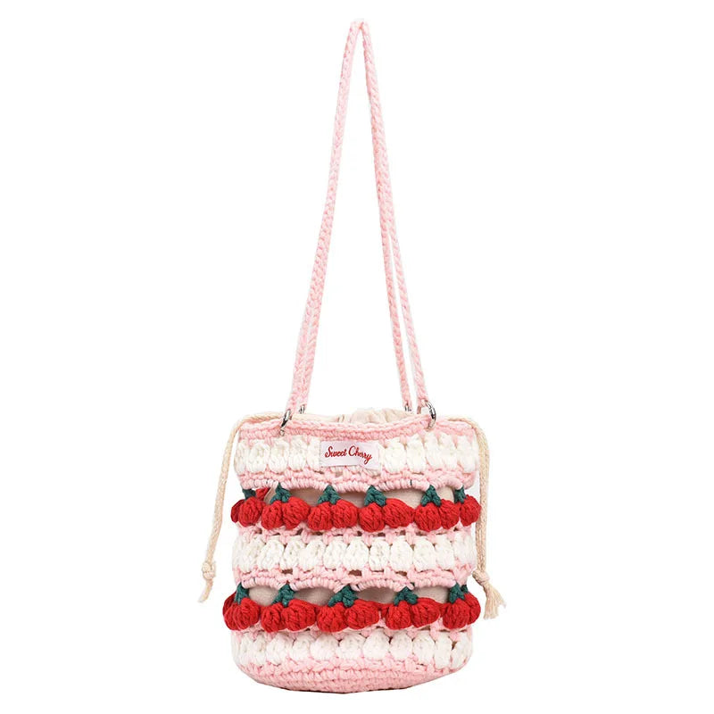 Handmade Woven Cherry Woolen Bag Fresh Fruit Woven Bag Crochet Knitted Bag Leisure String Shoulder Crossbody Bag 2024 New