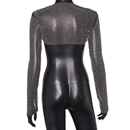 Haut court sexy à manches longues pour femme, débardeur en maille transparente avec strass, vêtement de détente, pour la plage, le carnaval, le club, été, 2024