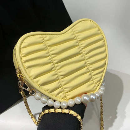 Leisure Female PU Leather Messenger Bags Retro Women Heart Shape Pure Shoulder Bags Small Pearl Chain Crossbody Shopping Bags