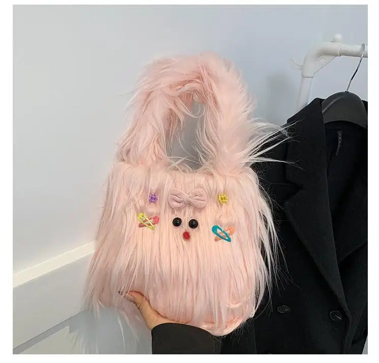 Sacs en peluche pour femmes Y2k Hot Girls Diy Sac seau en fausse fourrure Mode Femme Fourrure Sac à main Fourre-tout Sacs à main