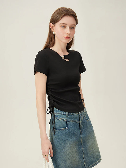 FSLE Neckline Hollow Out Design Women Black Slim Front Shoulder T-Shirts Side Drawstring Short Solid Thin Fit T-shirt 24FS12183