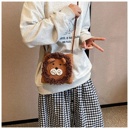 Cute Little Lion Bag For Girls Women's Funny Mobile Phone Coin Purse Winter Knitting Shoulder Crossbody Bag