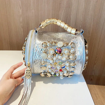 New Women's Bag Cylinder Handmade Shoulder Bag Water Diamond Bag Versatile One Shoulder Crossbody Bag Pillow Bag