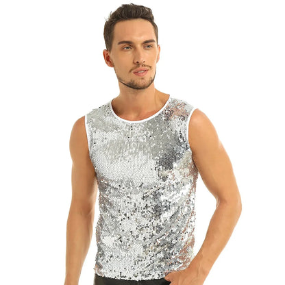 YiZYiF Men's Sequin Tank Top Shiny Crop top Vest Crew Neck Slim Vest Sexy WetLook Tank Top Clubwear Tee Muscle Tank Men Vest Top