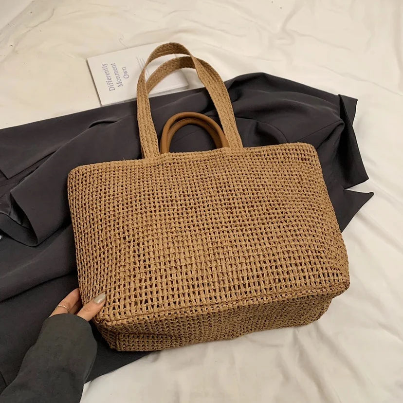 Casual Large Capacity Straw Tote Bag Hollow Paper Weave Women Shoulder Bags Handmade Summer Beach Handbag Big Bali Shopper Purse