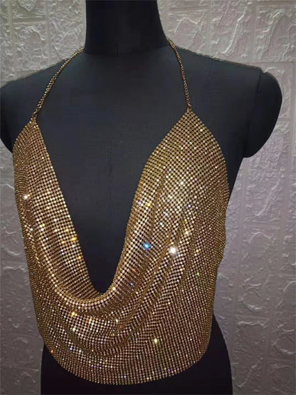 Camiseta sin mangas con cuello halter de cristal para mujer, tops de verano Y2K con lentejuelas de cristal, tops de tirantes finos sexys plateados de lujo ligeros para mujer