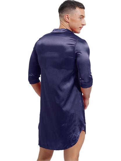 Chemise en satin de soie pour homme Sissy, couleur unie, longue robe portefeuille, peignoir, kimono, chemise de nuit, pyjama, vêtements de nuit, vêtements de détente