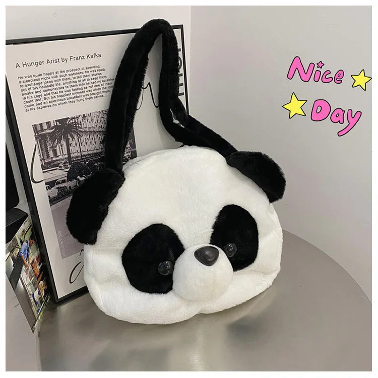 Bolsos de hombro de peluche para adolescentes, diseño kawaii, con forma de cabeza de panda, elegantes y suaves, para compras, portátiles