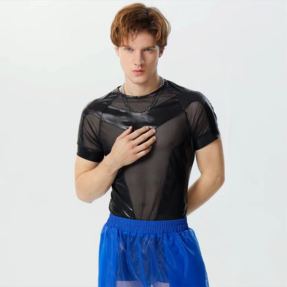 2024 Body pour hommes en maille patchwork brillant transparent col rond manches courtes barboteuses pour hommes streetwear mode body S-3XL INCERUN