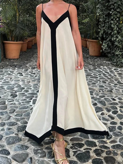 Vestido holgado con tirantes finos para mujer, vestido largo plisado sin espalda con contraste de color, vestidos elegantes de verano para fiesta y noche, ropa de calle