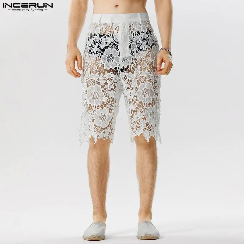 Short élégant et bien ajusté pour homme INCERUN Short en dentelle imprimé ajouré pour soirée décontractée Short en maille transparente sexy S-5XL