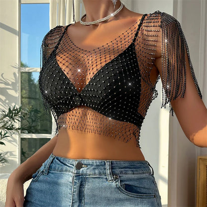 Camisetas transparentes de malla con diamantes para mujer, camisetas sexis de verano con agujeros para playa, para fiestas, clubes y raves, venta al por mayor