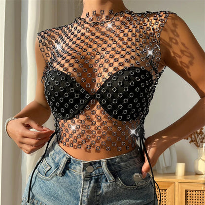 Top corto de verano sin mangas con cuello redondo y diamantes de imitación brillantes para mujer, hecho a mano, 2023