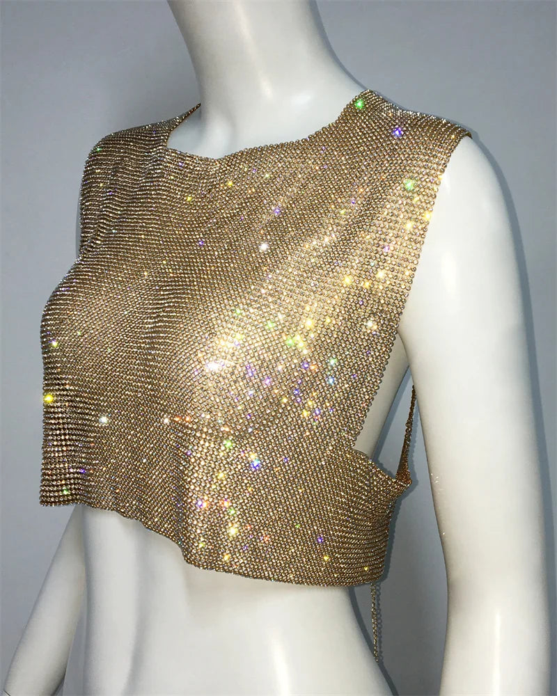 Tops de metal sin espalda para mujer, estilos de verano, ropa de fiesta, club nocturno, tops sexis sin mangas, tops con lentejuelas brillantes, venta al por mayor