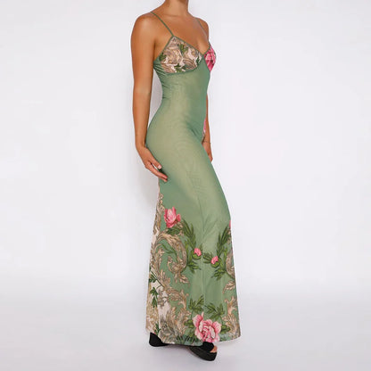 Robe à bretelles sans manches à imprimé floral pour femmes, mode col en V, robes maxi slim, été chic, femme, plage, fête, club, 2023