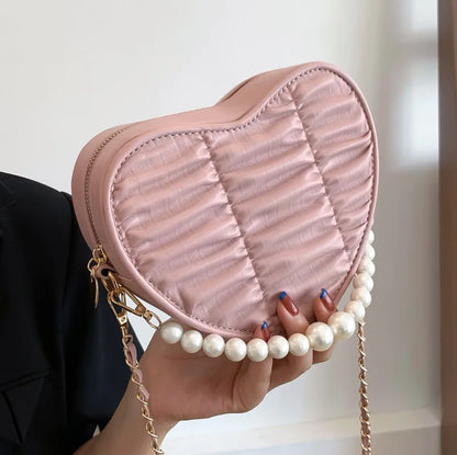 Leisure Female PU Leather Messenger Bags Retro Women Heart Shape Pure Shoulder Bags Small Pearl Chain Crossbody Shopping Bags