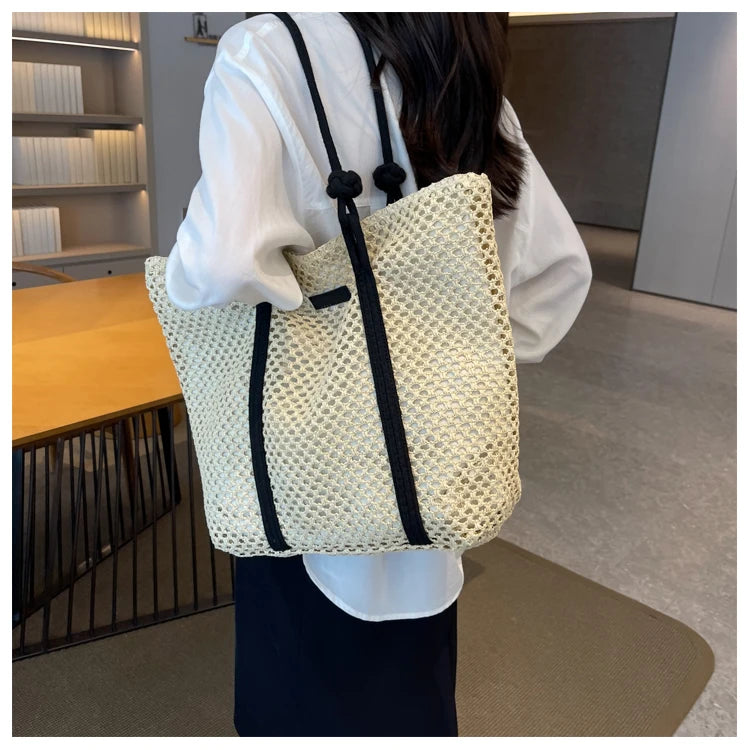 Casual Hollow Out Large Capacity Straw Tote Bag Weave Women Shoulder Bags Handmade Summer Beach Handbags Big Shopper Purses 2024