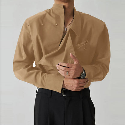 Camisa irregular para hombre 2023, color sólido, cuello alto, suelta, manga larga, ropa informal para hombre, ropa de calle, camisas de moda para hombre INCERUN