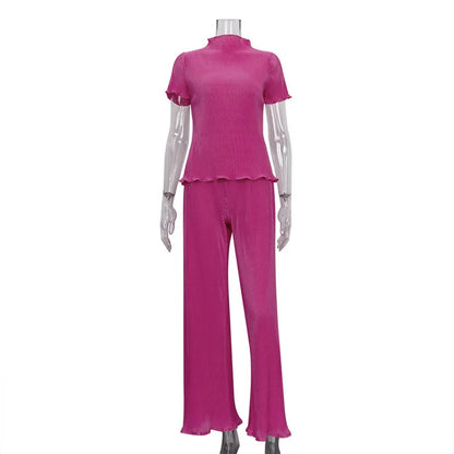 DEAT Fashion Conjunto de 2 piezas para mujer, nuevo top holgado de manga corta con cuello redondo plisado y pantalones rectos de cintura alta, verano 2024 17A1390