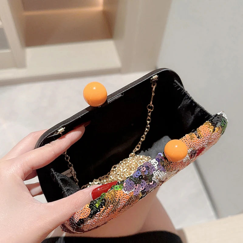 Bolso de mano con lentejuelas y clip para mujer, bandolera con bordado de flores, estilo vintage, para fiestas de noche